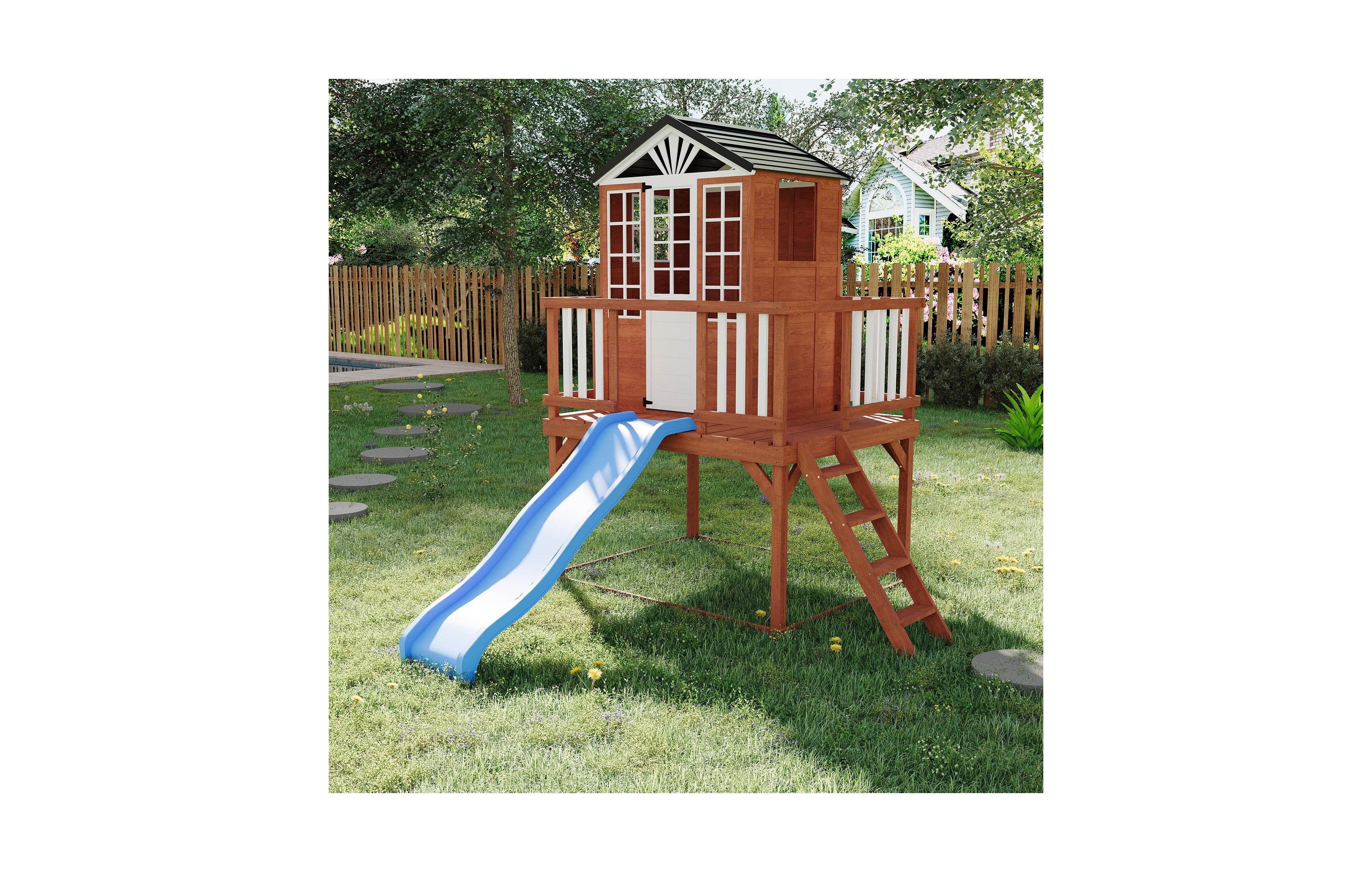 homfan Wooden Kids Playhouse, Elevated Outdoor Game Cottage with Wave Slide, Step Ladder, High Dense Fence, Multi Function Play Space for Ages 3 10