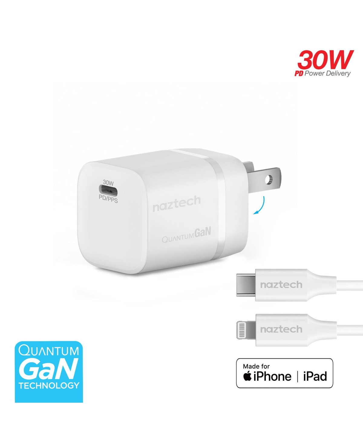 Naztech Nexus M30 30W Usb-c Power Delivery Wall Charger with 6ft MFi Lightning Cable, Compatible with iPhone 8-14, iPad