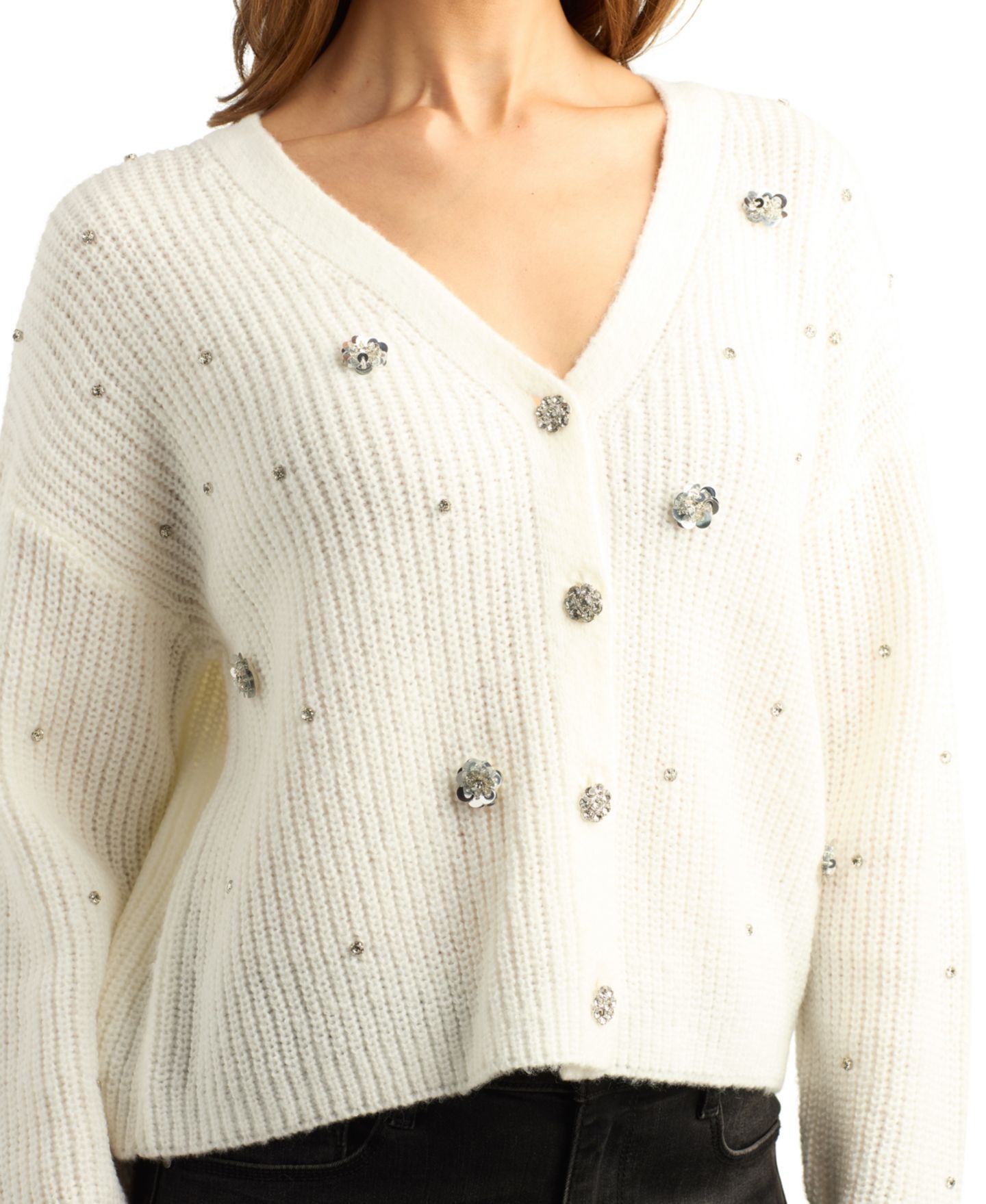 Женский кардиган BCX Juniors' Long-Sleeve Ribbed V-Neck, цвет: Слоновая кость — фото 2