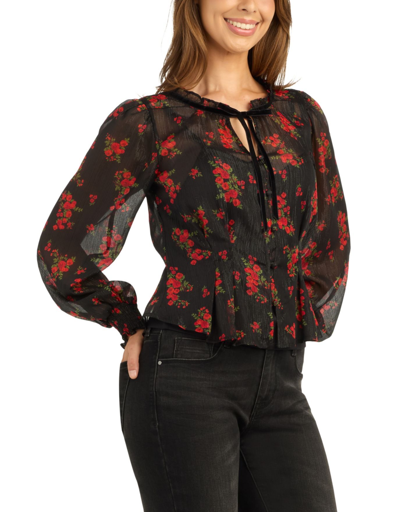 Женская блузка BCX Juniors' Print Shimmer Long-Sleeve Sheer Floral-Print, цвет: Pat A — фото 2