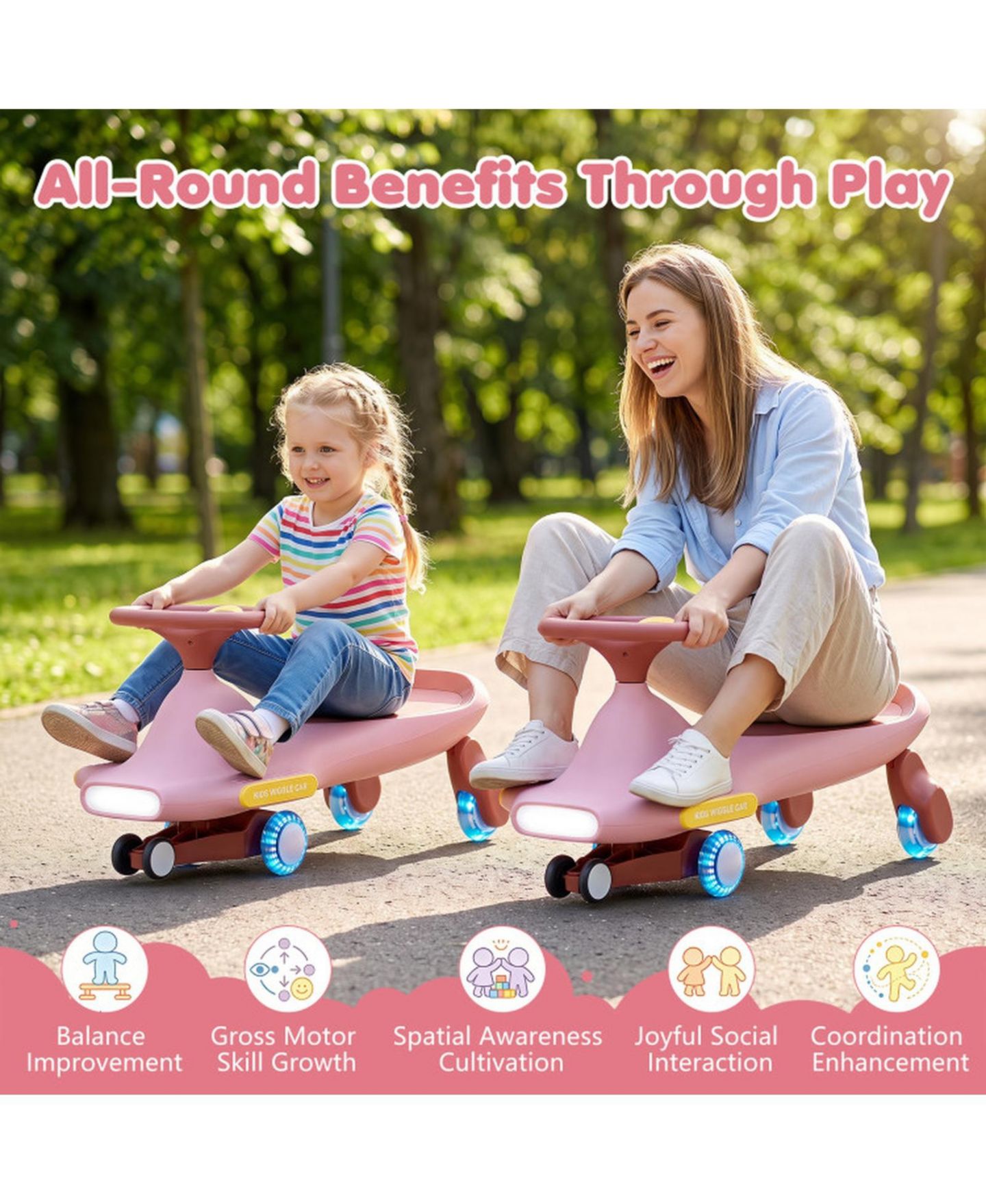 Детская игрушка HONGGE Wiggle Car with Six LED Flashing Wheels, No Pedals, Ages 2-8, цвет: Розовый — фото 4