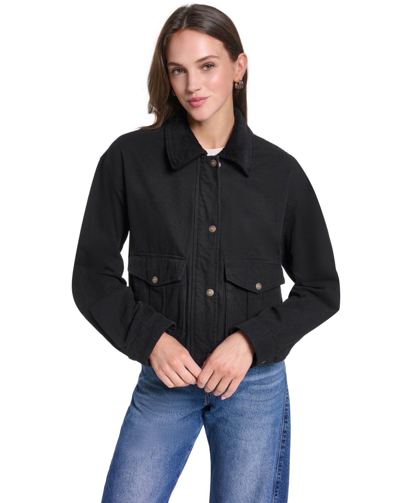 Женская куртка Levi's Cropped Cotton Corduroy-Collar Barn, цвет: Чёрный — фото 1