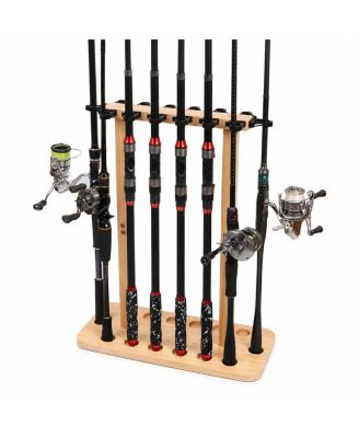 Wood Fishing Rod Floor Stand Double Column Pole Holder Holds 14 Rods