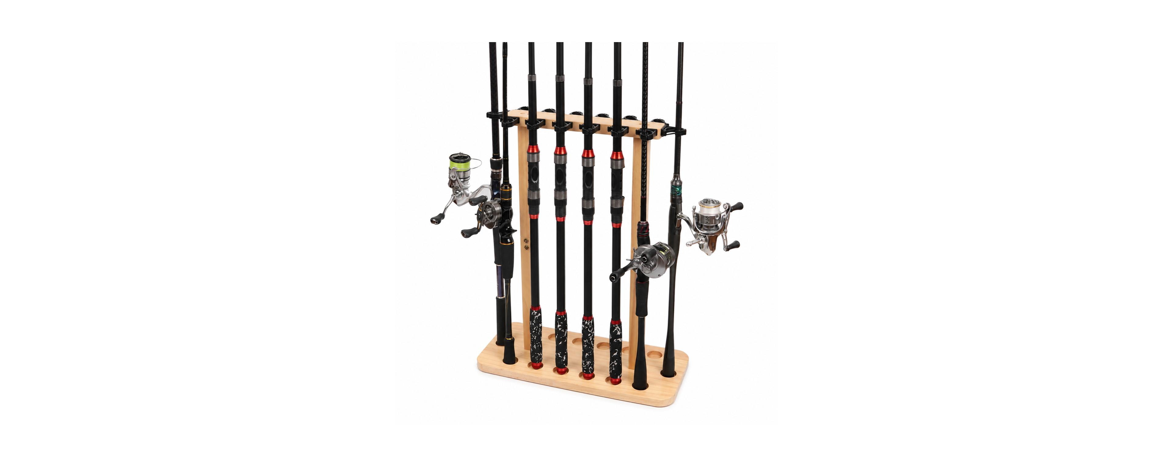 Magicorange Wood Fishing Rod Floor Stand Double Column Pole Holder Holds 14 Rods
