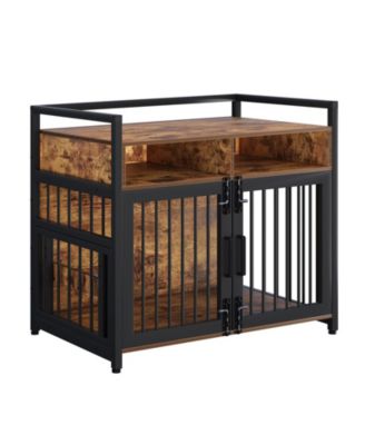 48" Heavy Duty Wooden Dog Crate Furniture for Large Dogs - Metal and Wood Kennel with 2 Drawers, Rotatable Feeder and Double Lockable Doors