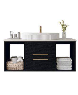 39.4 Inch Floating Bathroom Vanity, Plywood Cabinet, Wood Top with Ceramic Vessel Sink