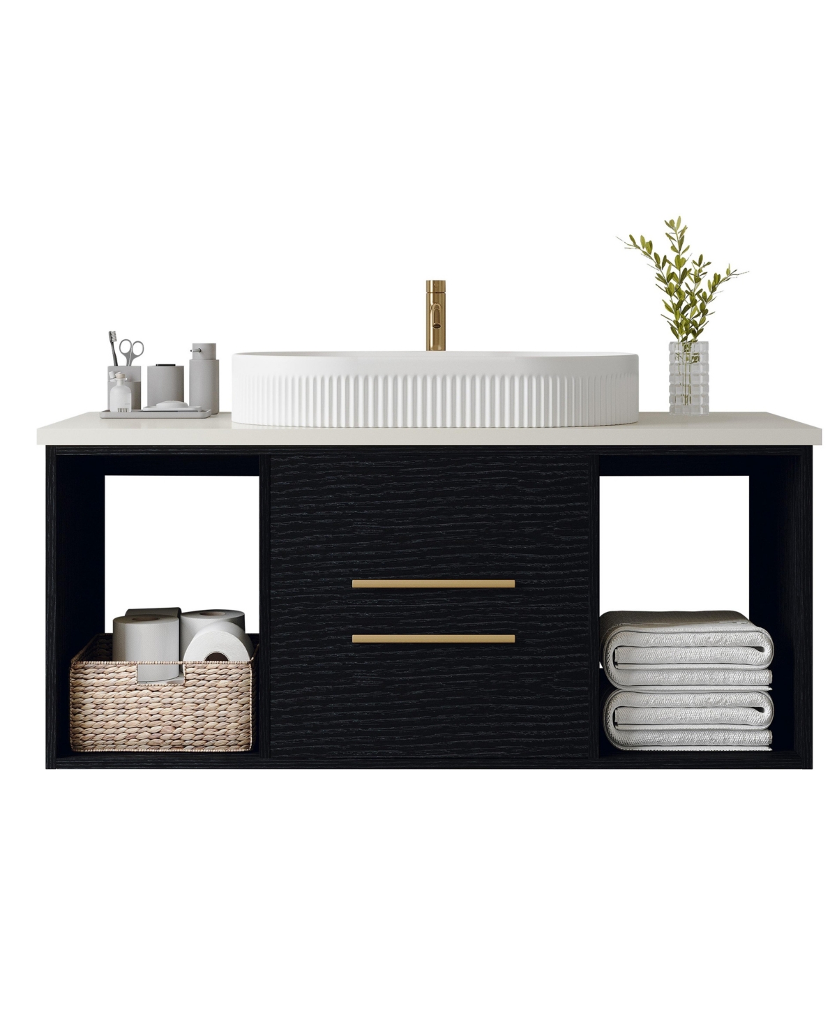Thirtypeachy 39.4 Inch Floating Bathroom Vanity, Plywood Cabinet, Wood Top with Ceramic Vessel Sink - Black