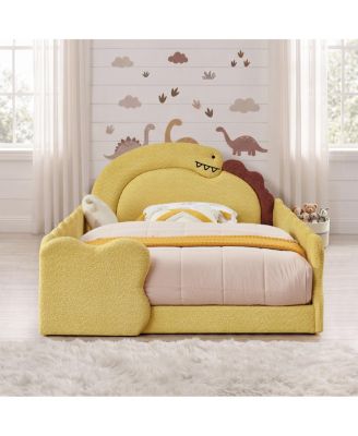 Cute Dinosaur Full Size Wood Bed Frame with Guardrail and Boucle Fabric