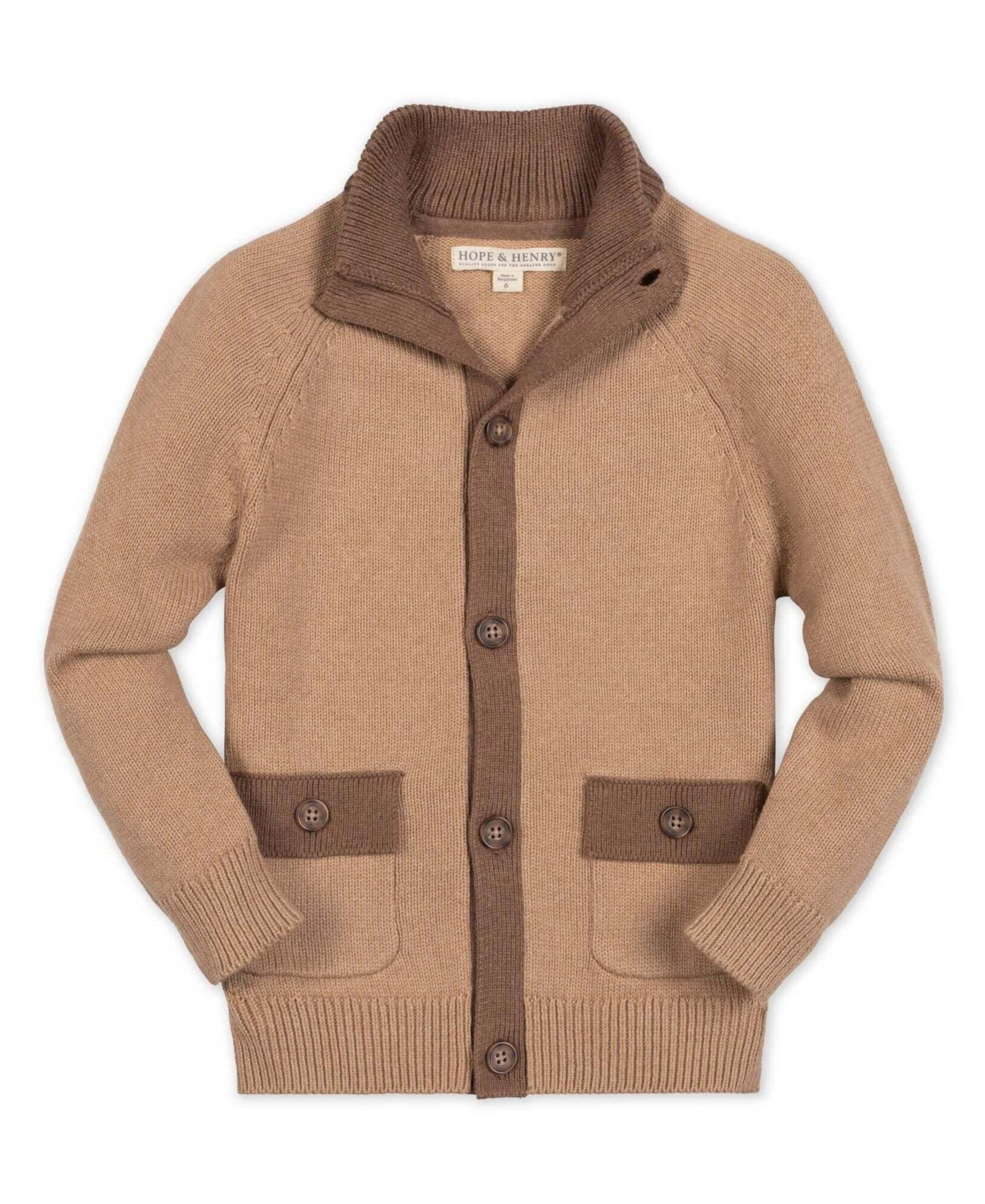 Hope & Henry Boys' 4-20 Mock-Neck Raglan-Sleeve Front-Pocket Cotton Cardigan