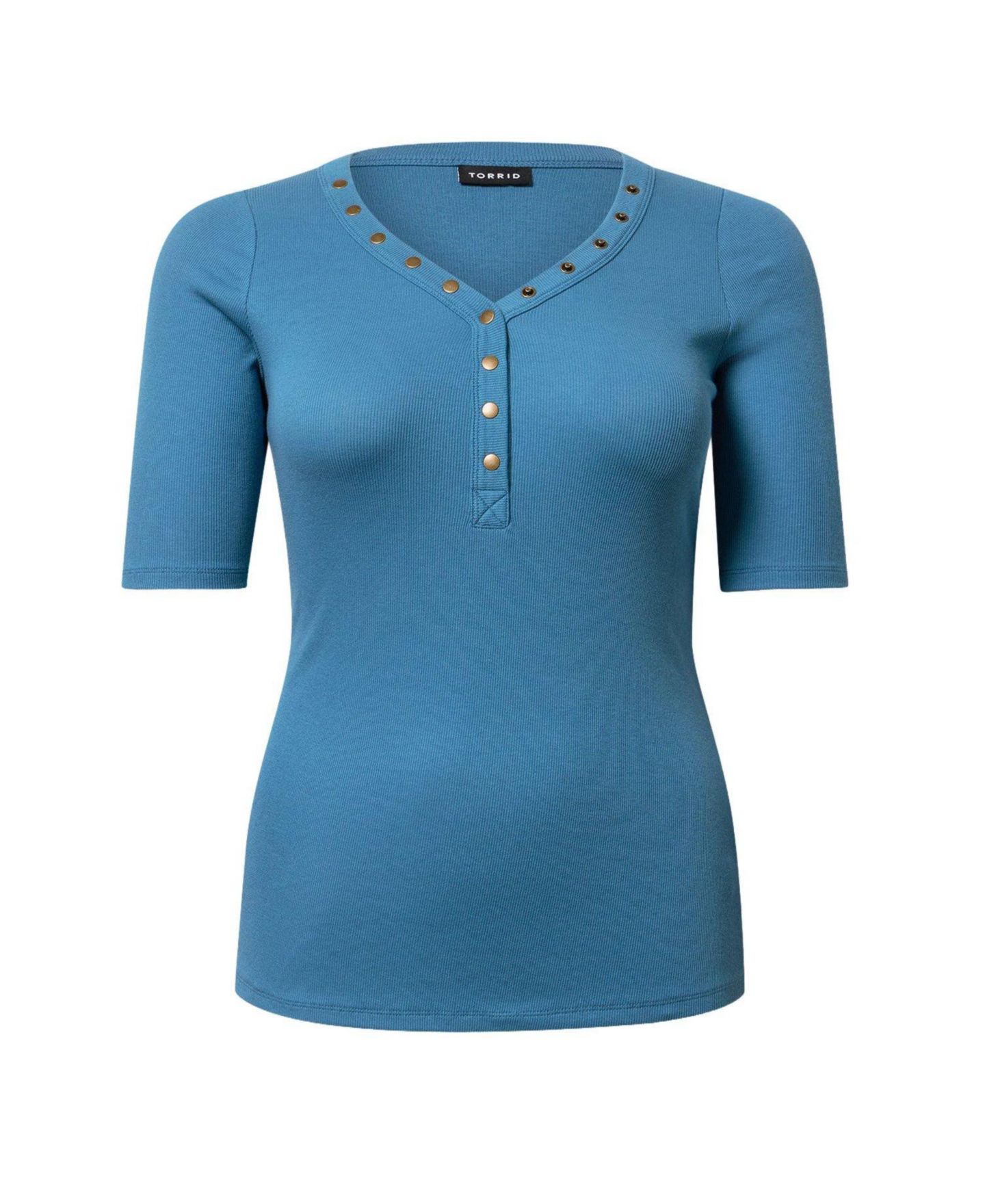 Женский топ Torrid Plus Size Cotton-Modal Ribbed Curved Henley, цвет: Stellar — фото 4