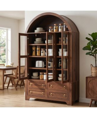 72.8" Tall Arched Kitchen Pantry Cabinet with Glass Doors and Drawers