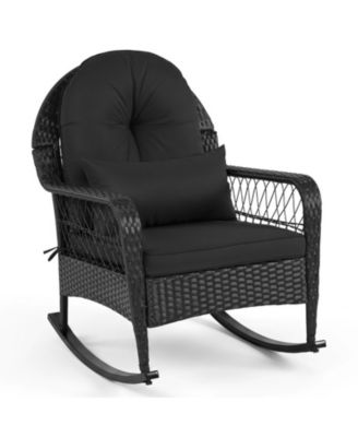 Outdoor Wicker Rocking Chair with Lumbar Pillow and Anti-Tip Stoppers