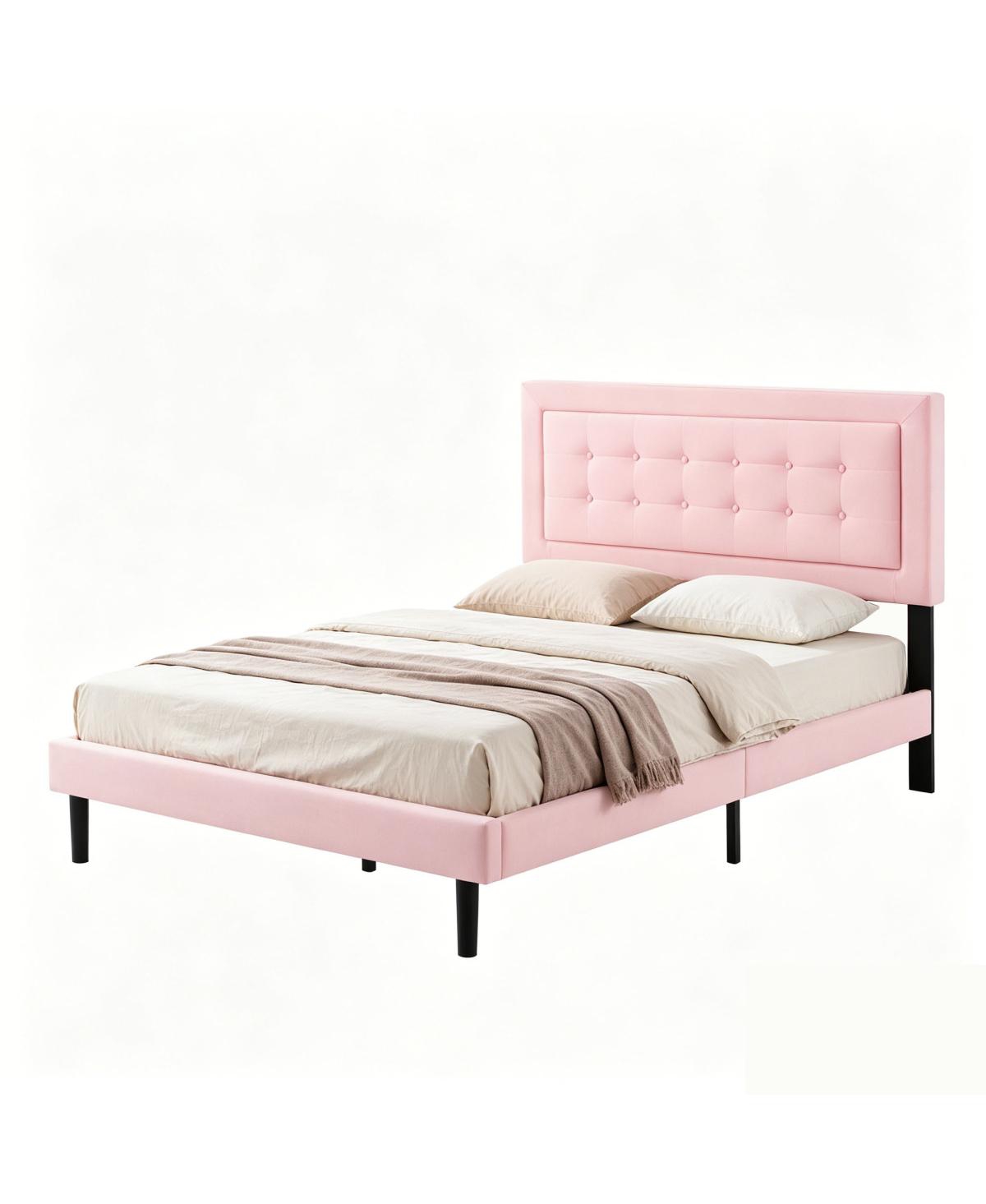 Streamdale Furniture Queen Upholstered Platform Bed Frame, Velvet - Pink