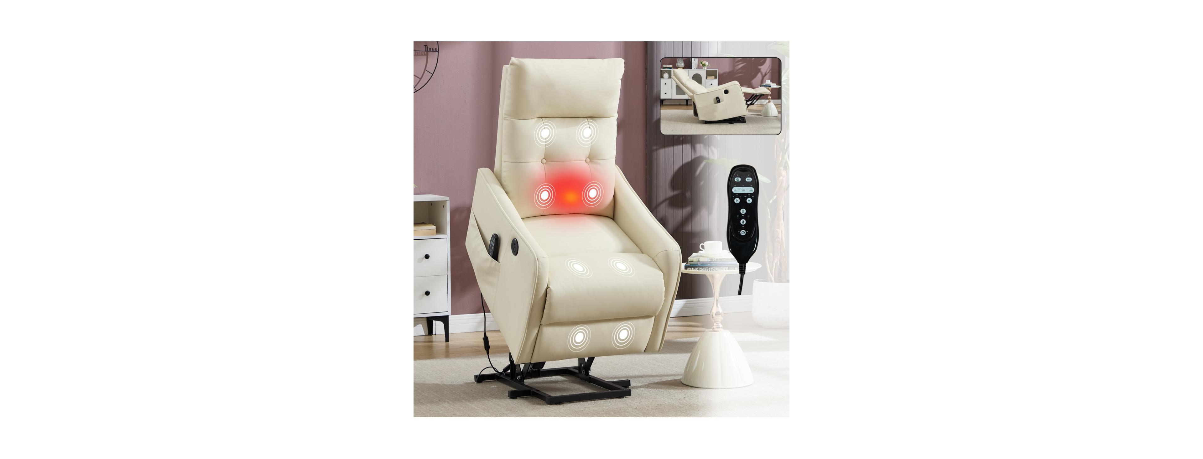 Streamdale Beige Pu Power Lift Recliner Chair with Massage, Heat, and Usb