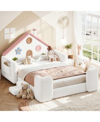 Full House Upholstered Kids Floor Bed with Rails