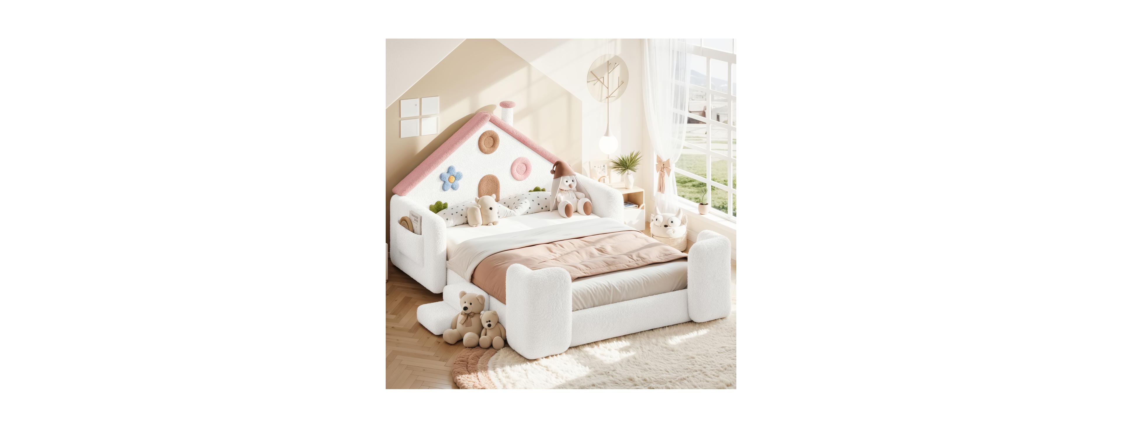 Streamdale Furniture Full House Upholstered Kids Floor Bed with Rails