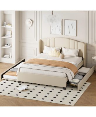 Upholstered Queen Platform Bed with Wingback Headboard, Trundle and 2 Drawers