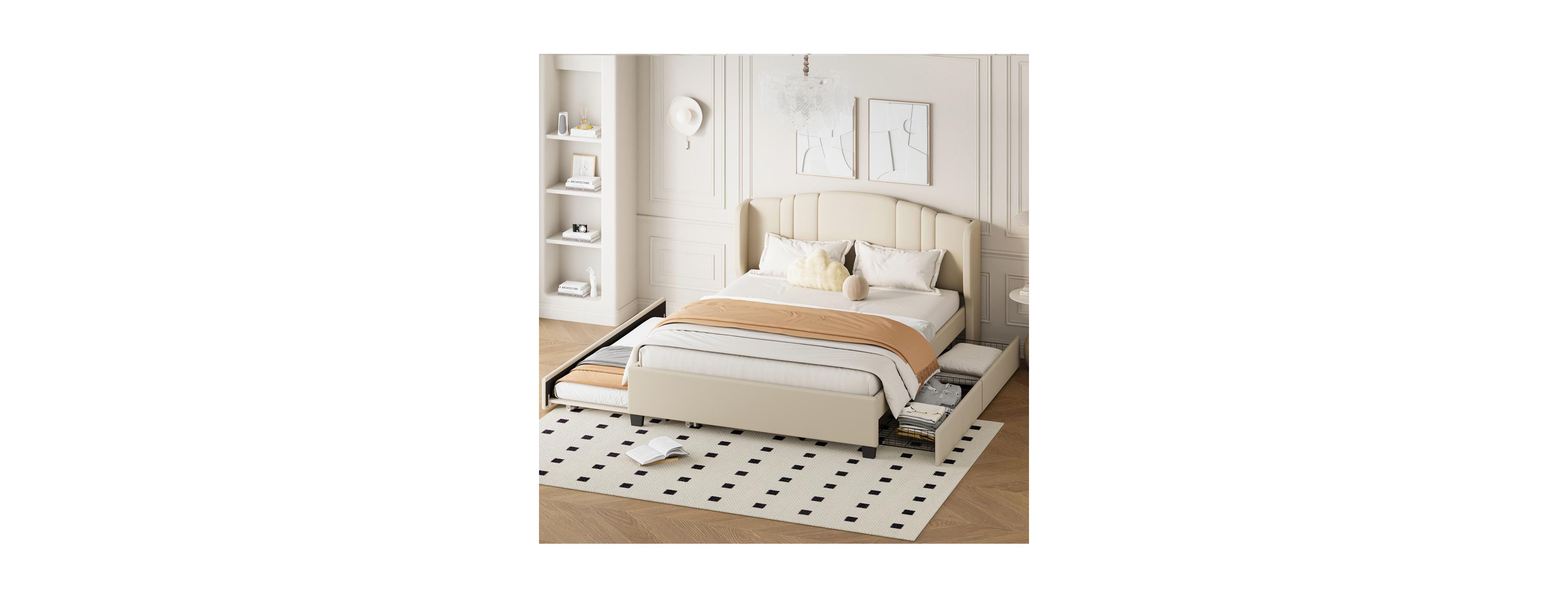Streamdale Furniture Upholstered Queen Platform Bed with Wingback Headboard, Trundle and 2 Drawers