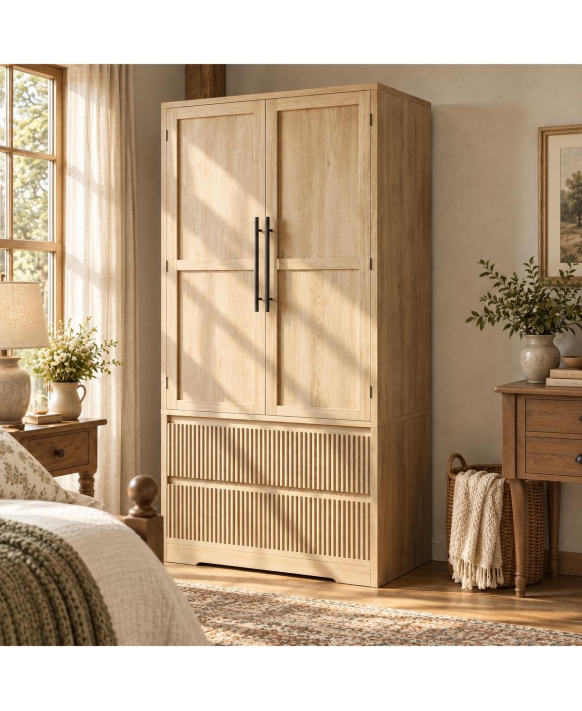 gaomon 66" Tall Farmhouse Wooden Armoire Wardrobe with 2 Fluted Drawers, Glass Doors, Hanging Rod and Shelves - Freestanding Bedroom Storage Cabinet