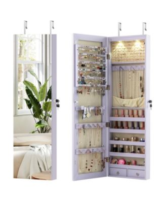 Wall and Door Mounted Mirrored Jewelry Armoire with LED Lighting