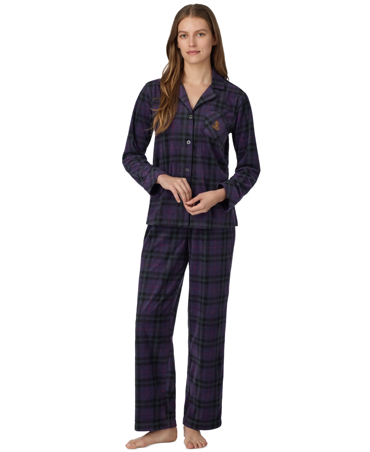 Lauren Ralph Lauren Women's Long-Sleeve Notch-Collar Fleece Top and Pants, 2-Piece Set - Darkpurple