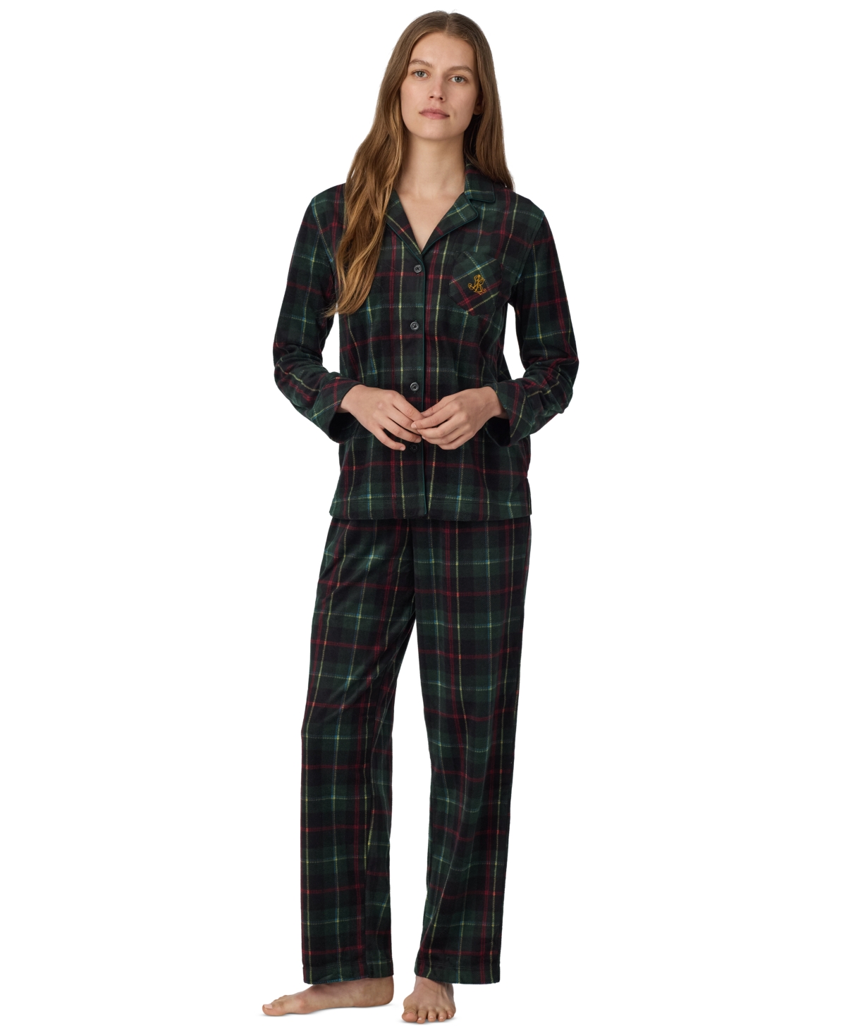 Lauren Ralph Lauren Women's Long-Sleeve Notch-Collar Fleece Top and Pants, 2-Piece Set - Green