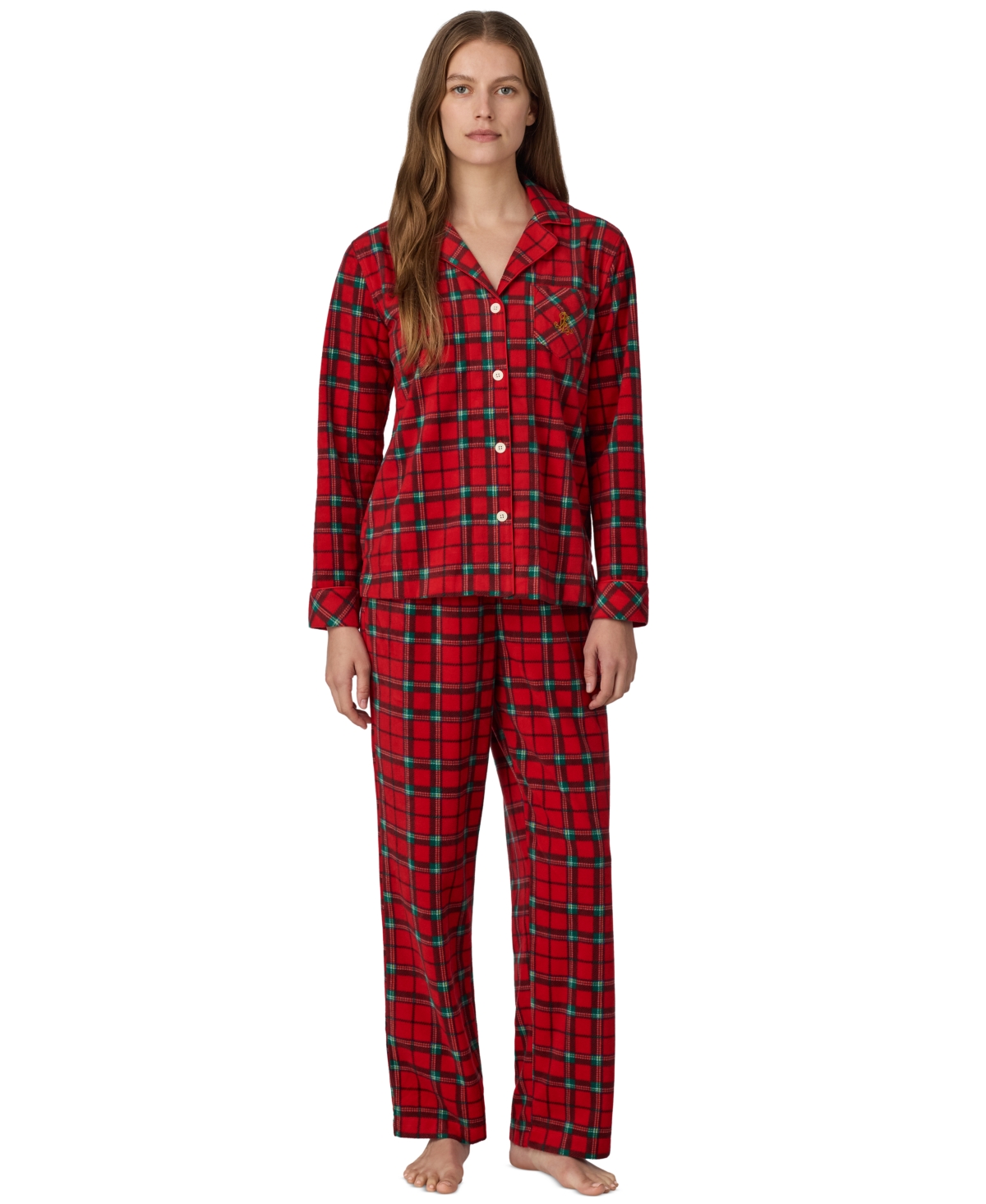 Lauren Ralph Lauren Women's Long-Sleeve Notch-Collar Fleece Top and Pants, 2-Piece Set - Red