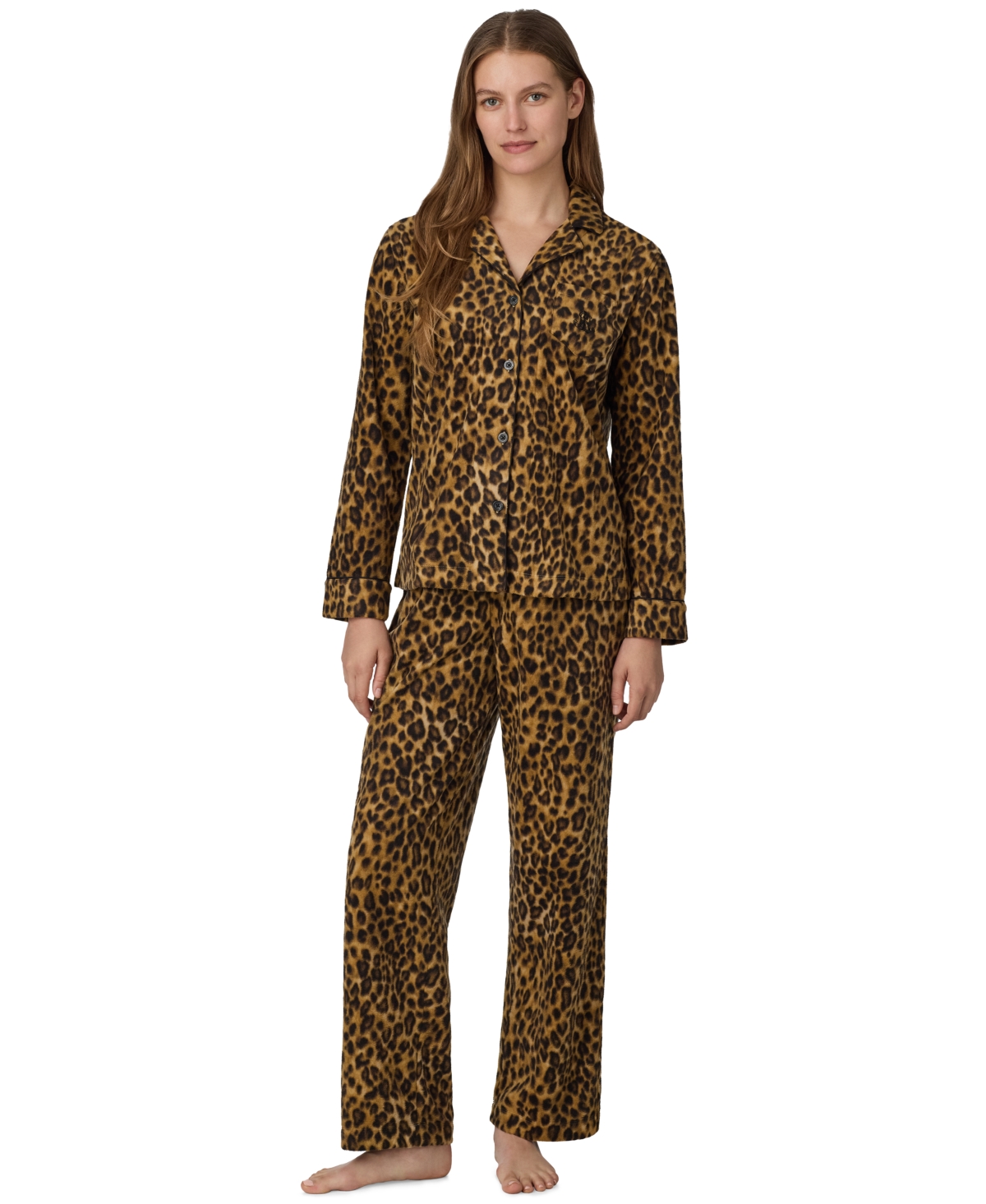 Lauren Ralph Lauren Women's Long-Sleeve Notch-Collar Fleece Top and Pants, 2-Piece Set - Open
