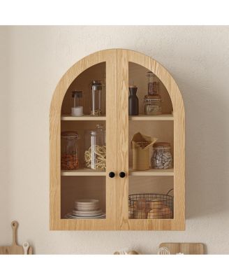 Arched Wood Wall Cabinet with Tempered Glass Doors