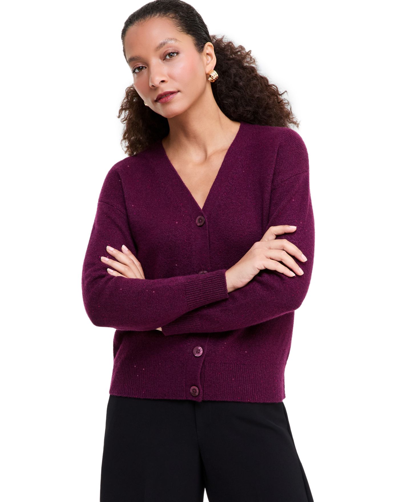 Женский кардиган I.N.C. International Concepts Roving Sequin Long-Sleeve V-Neck, цвет: Ягодный винный — фото 5