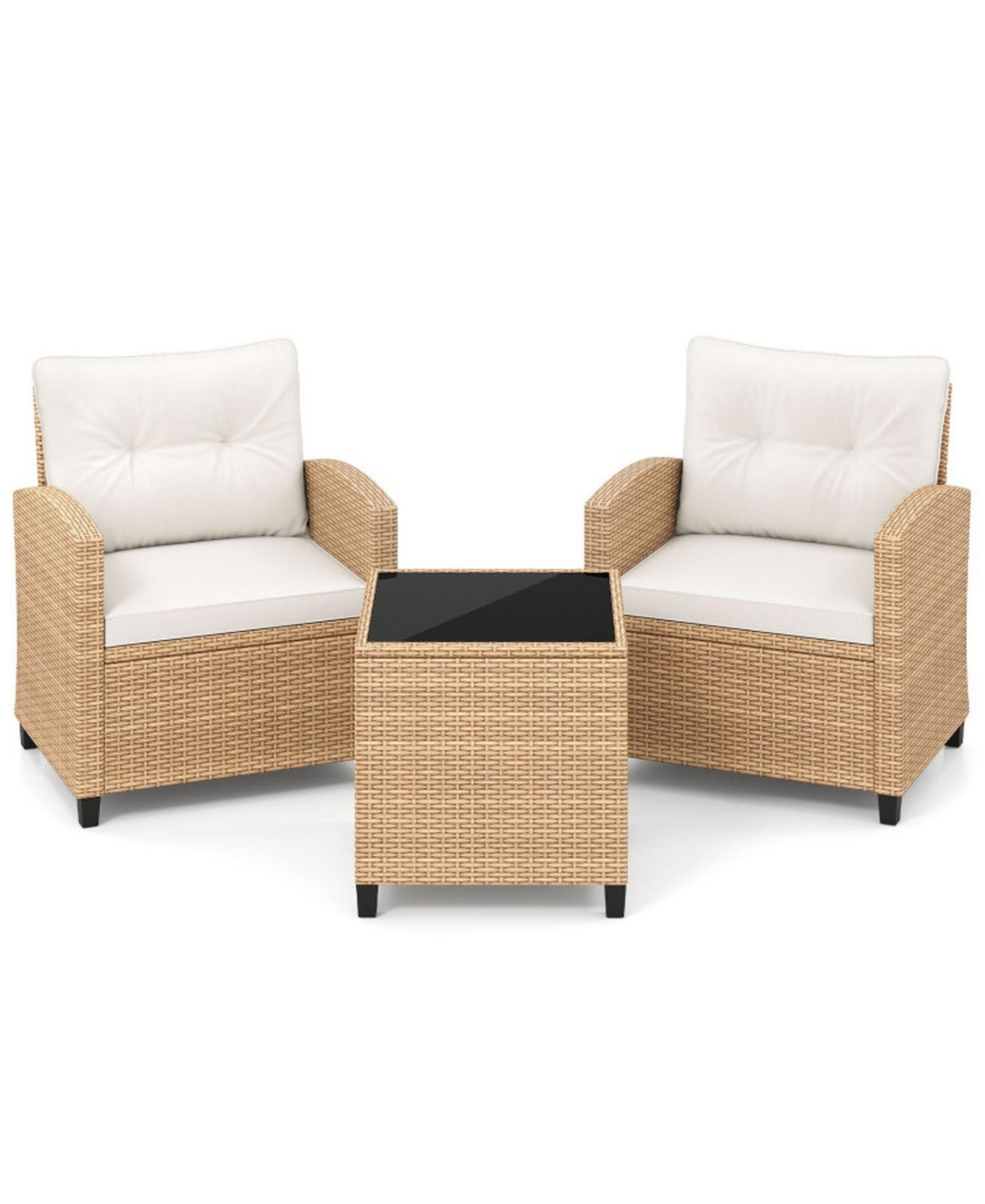 Gouun 3-Piece Wicker Patio Conversation Set with Square Glass Coffee Table - White