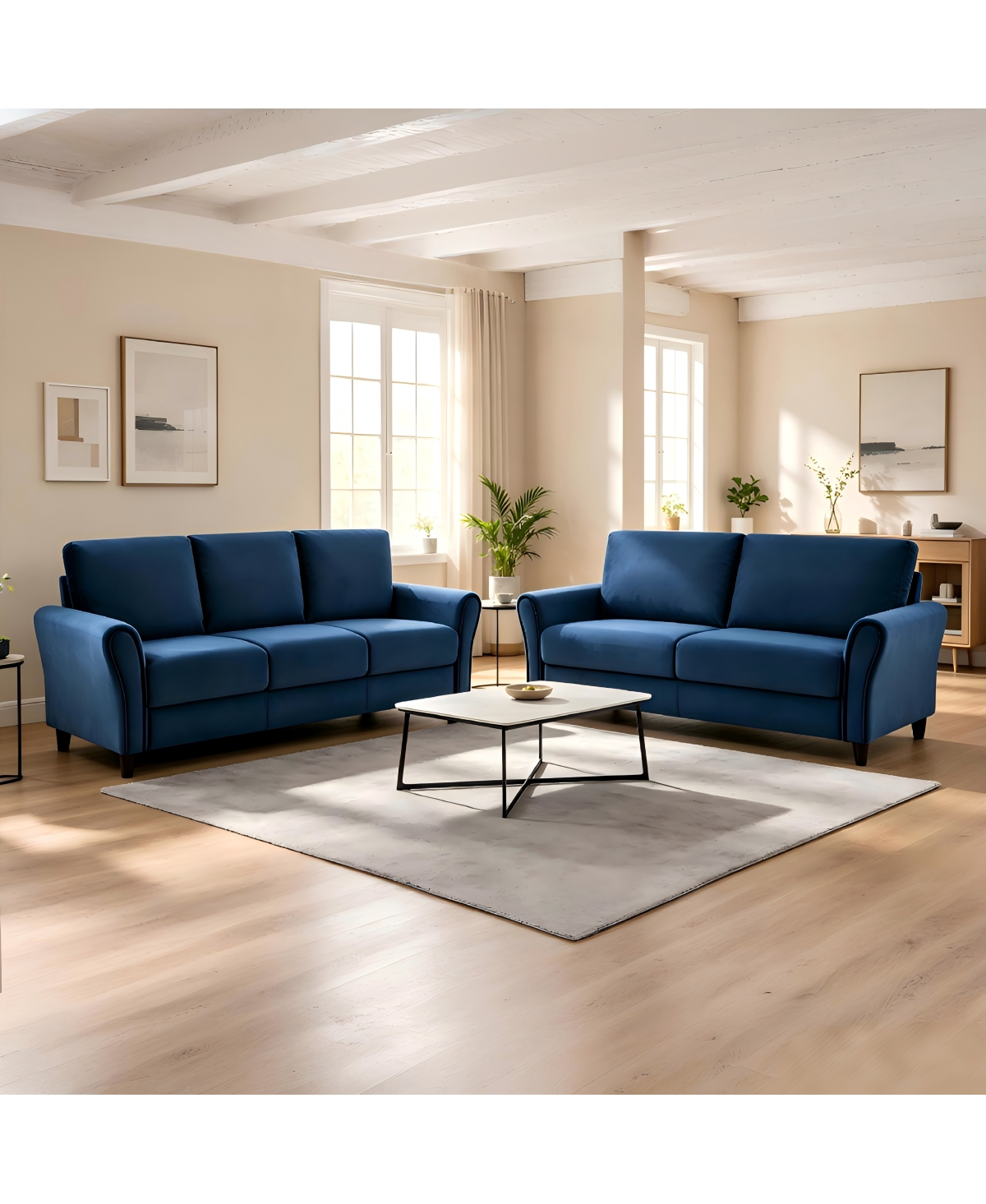 Streamdale Furniture 2-Piece Patricia Curved Arm Mid-Century Modern Sofa and Loveseat Set - Dark blue