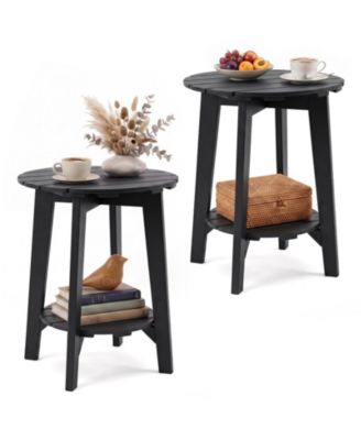 20 Inch 2-Tier Set of 2 Eucalyptus Wood Slatted Outdoor Side Tables with Storage Shelf