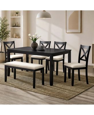 6-Piece Farmhouse Dining Table Set with Upholstered Chairs and Bench
