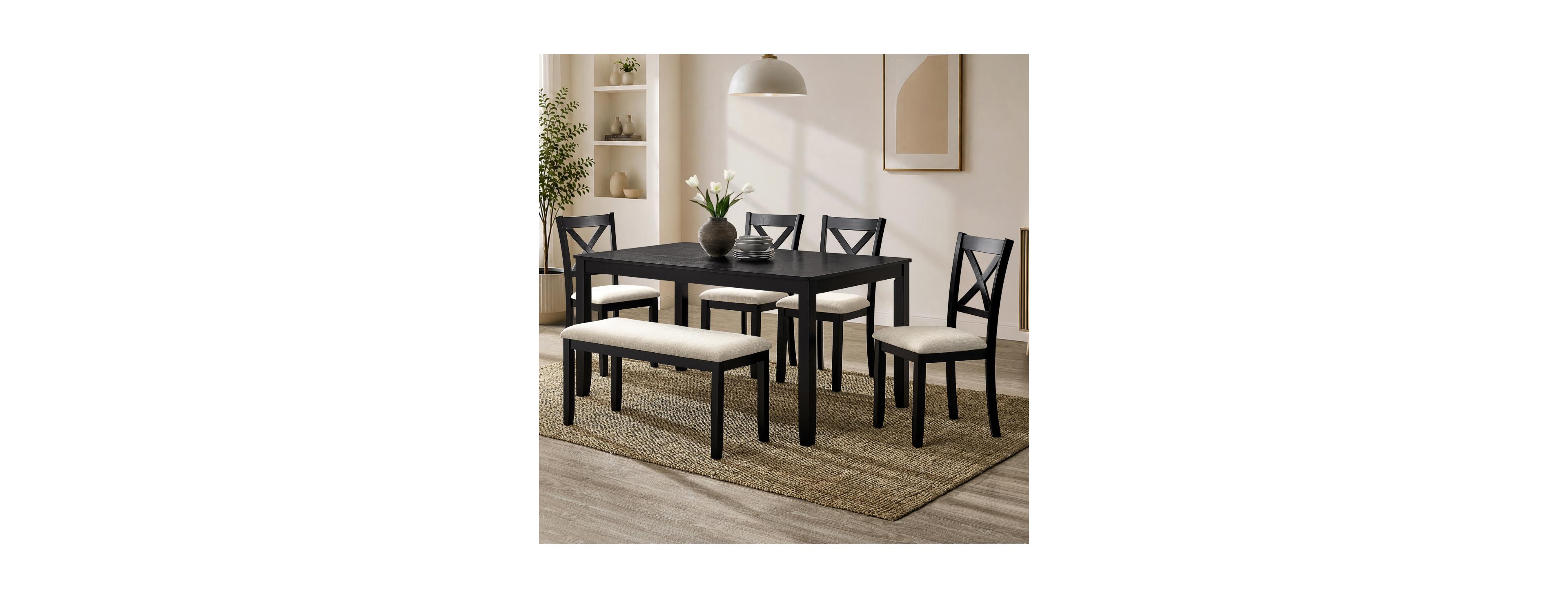 Streamdale Furniture 6-Piece Farmhouse Dining Table Set with Upholstered Chairs and Bench
