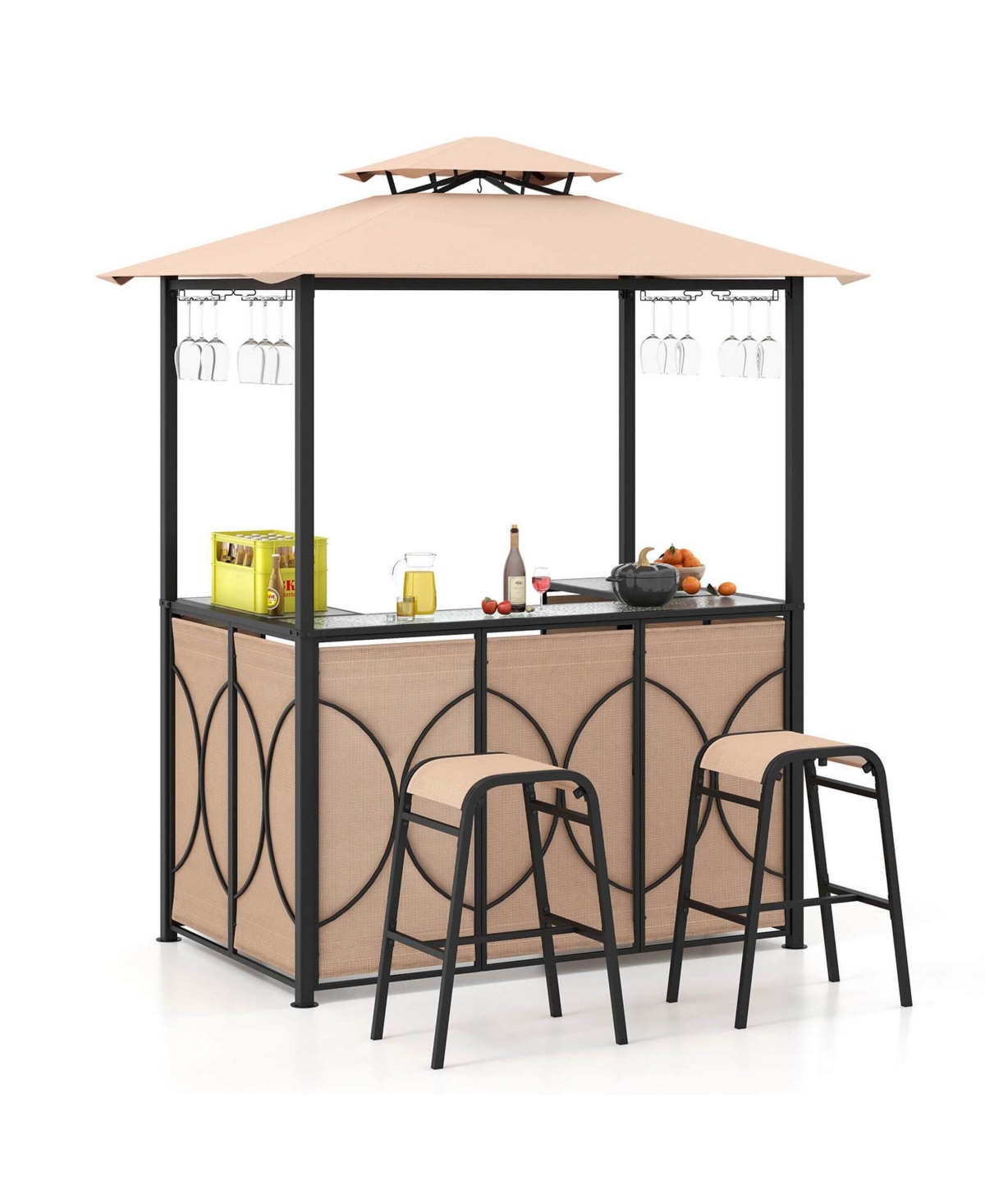 Costway 3 Pieces Patio Bar Set with Tempered Glass Bar Table Metal Storage Shelves for Garden Chair