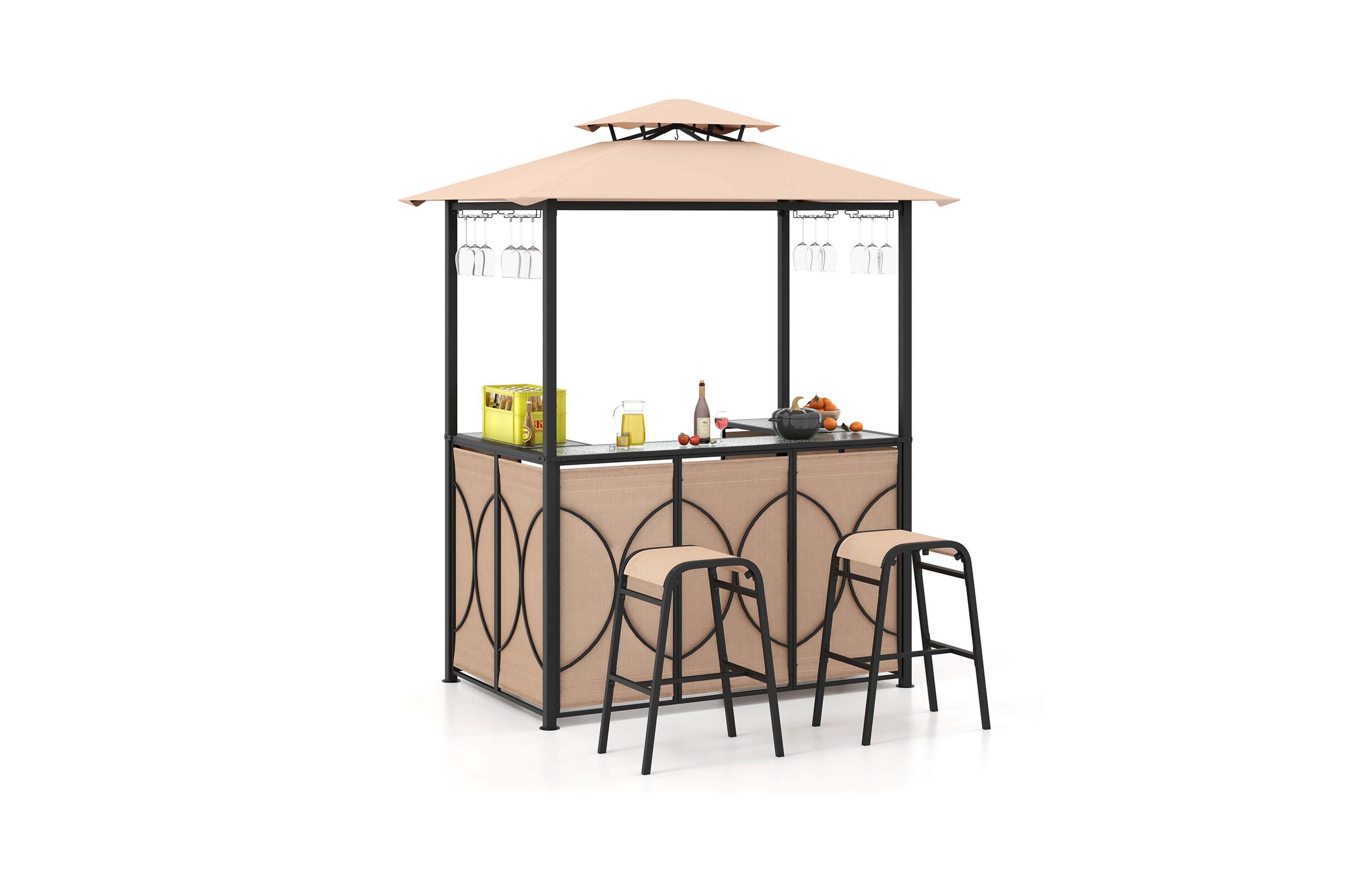 Costway 3 Pieces Patio Bar Set with Tempered Glass Bar Table Metal Storage Shelves for Garden Chair