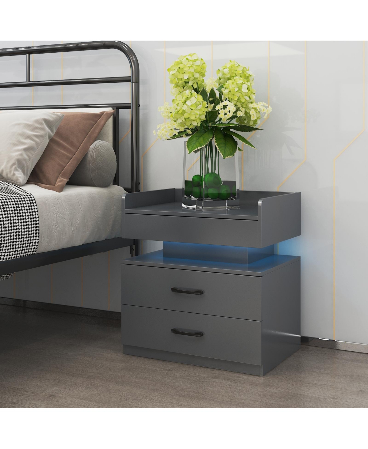 Boyel Living 1 Set Nightstand with Adjustable Led Strip Light, 2-drawers, Large Storage Space, Suitable for Bedside Table - Grey