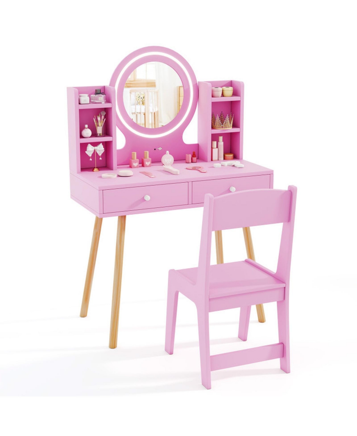 Gouun Kids Vanity Table Set with Lighted Mirror and 2 Drawers Ages 3 and Up