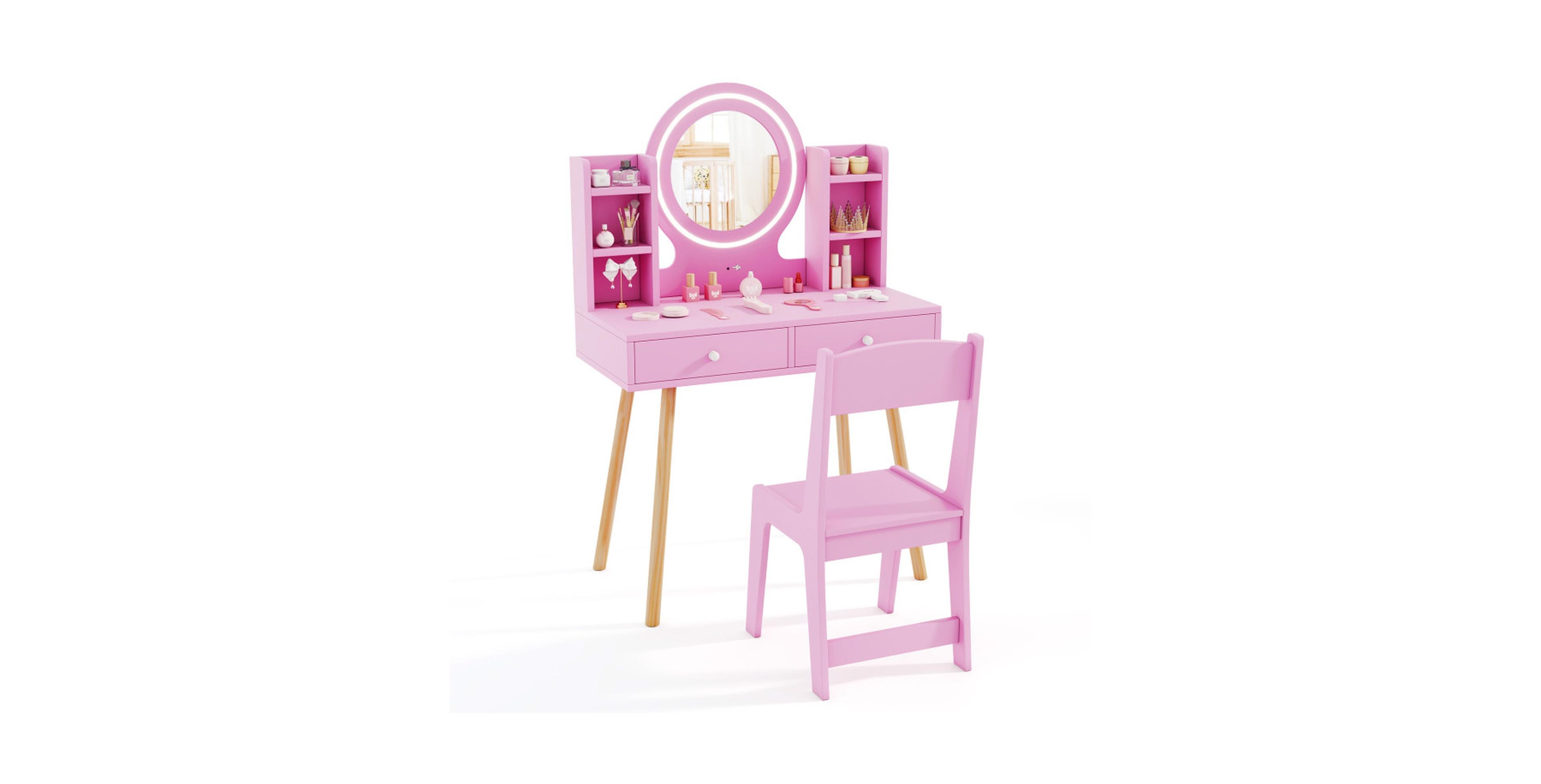 Gouun Kids Vanity Table Set with Lighted Mirror and 2 Drawers Ages 3 and Up