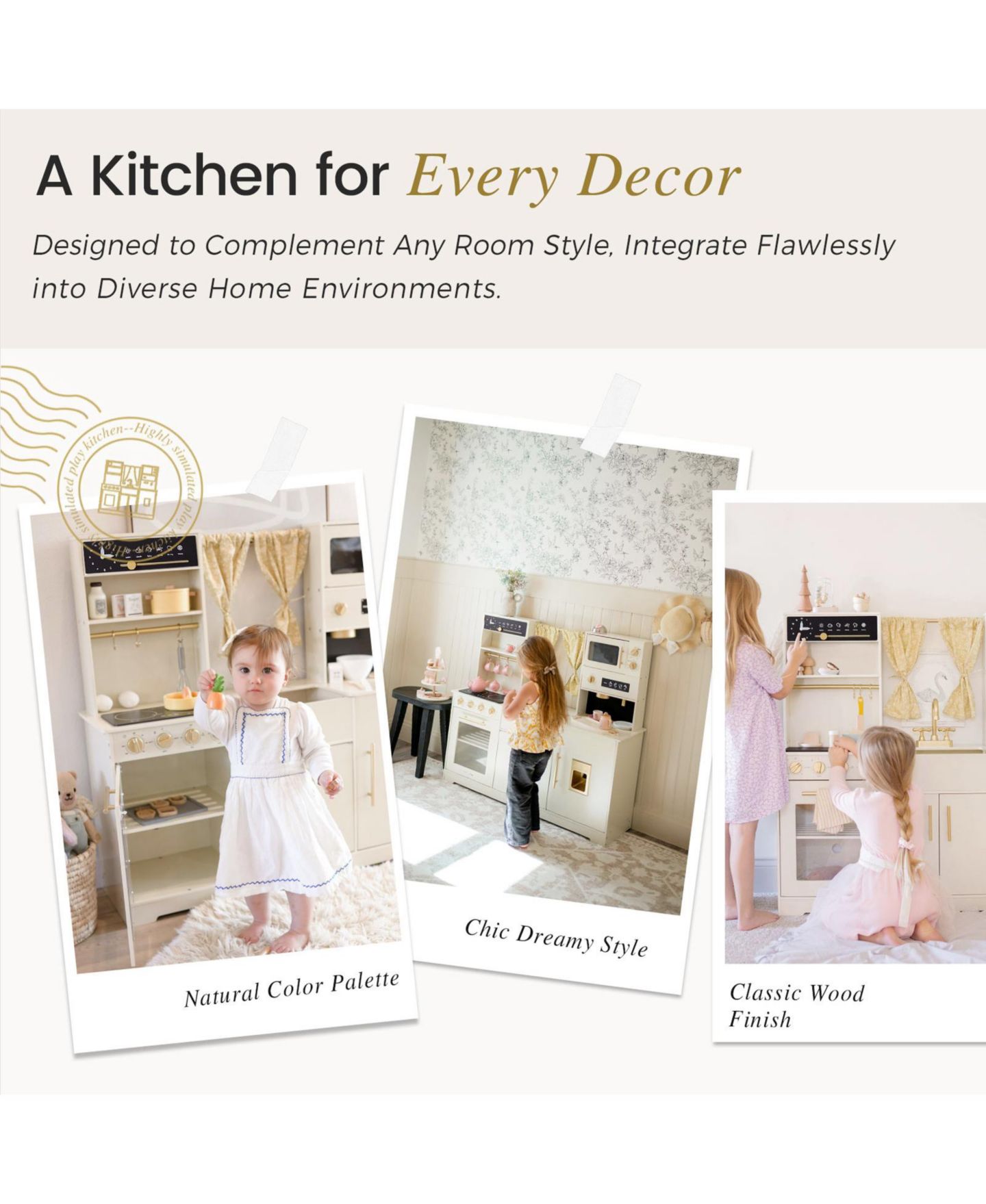 Детские игрушки Tiny Land Iconic Wooden Play Kitchen - Cream Pretend Cooking Set for Kids — фото 11