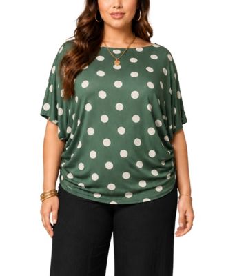 Plus Size Polka-Dot Boatneck Batwing-Sleeve Blouse