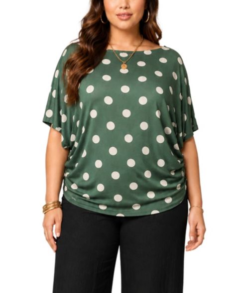 Женская блузка COIN 1804 Plus Size Polka-Dot Boatneck Batwing-Sleeve, цвет: Зелёная слоновая кость