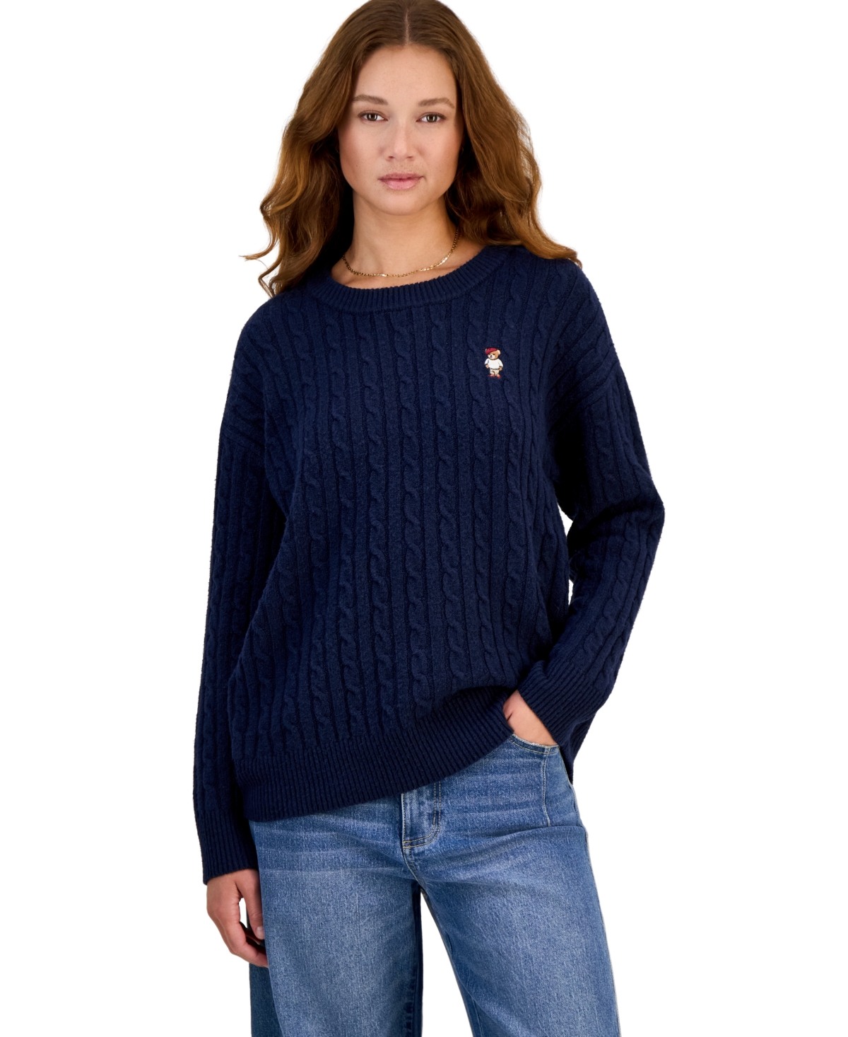 Hooked Up by Iot Juniors' Novelty Bear Cable-Knit Long-Sleeve Sweater