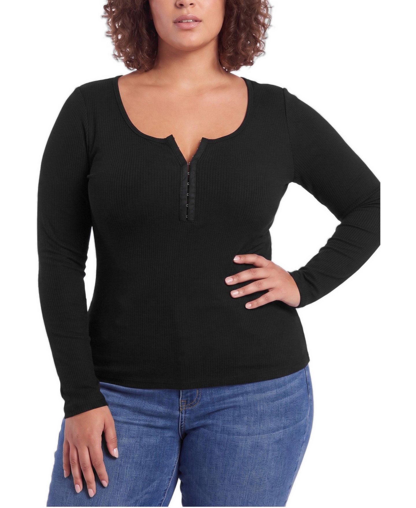 Женская футболка Torrid Plus Size Long-Sleeve Hook-and-Eye Scoop Neck, цвет: Глубокий чёрный — фото 1