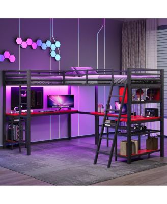 Metal L-Shaped Twin Loft Bed with LED, Shelves, Charging Stations and 2 Desks
