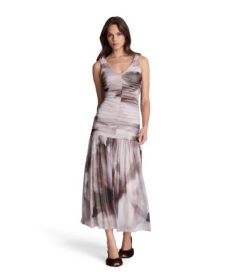 Women's Deep V Ruched Printed Mesh Maxi Dress