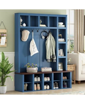 Farmhouse Wooden Hall Tree with 6 Hooks and Storage Bench