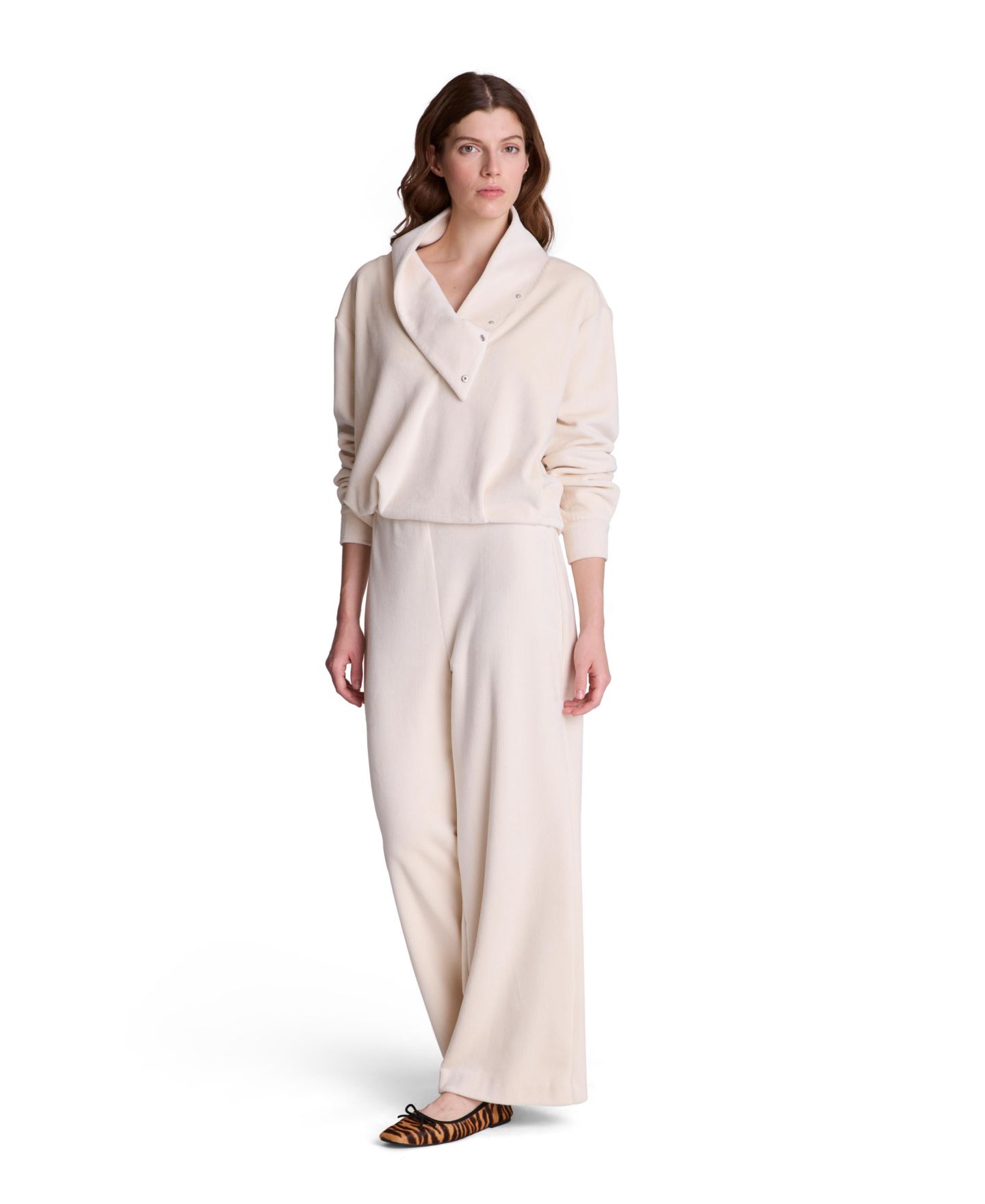 Женские брюки Kenneth Cole Hollywood Waist High-Waisted Wide-Leg Ribbed Fleece, цвет: Устричный — фото 6