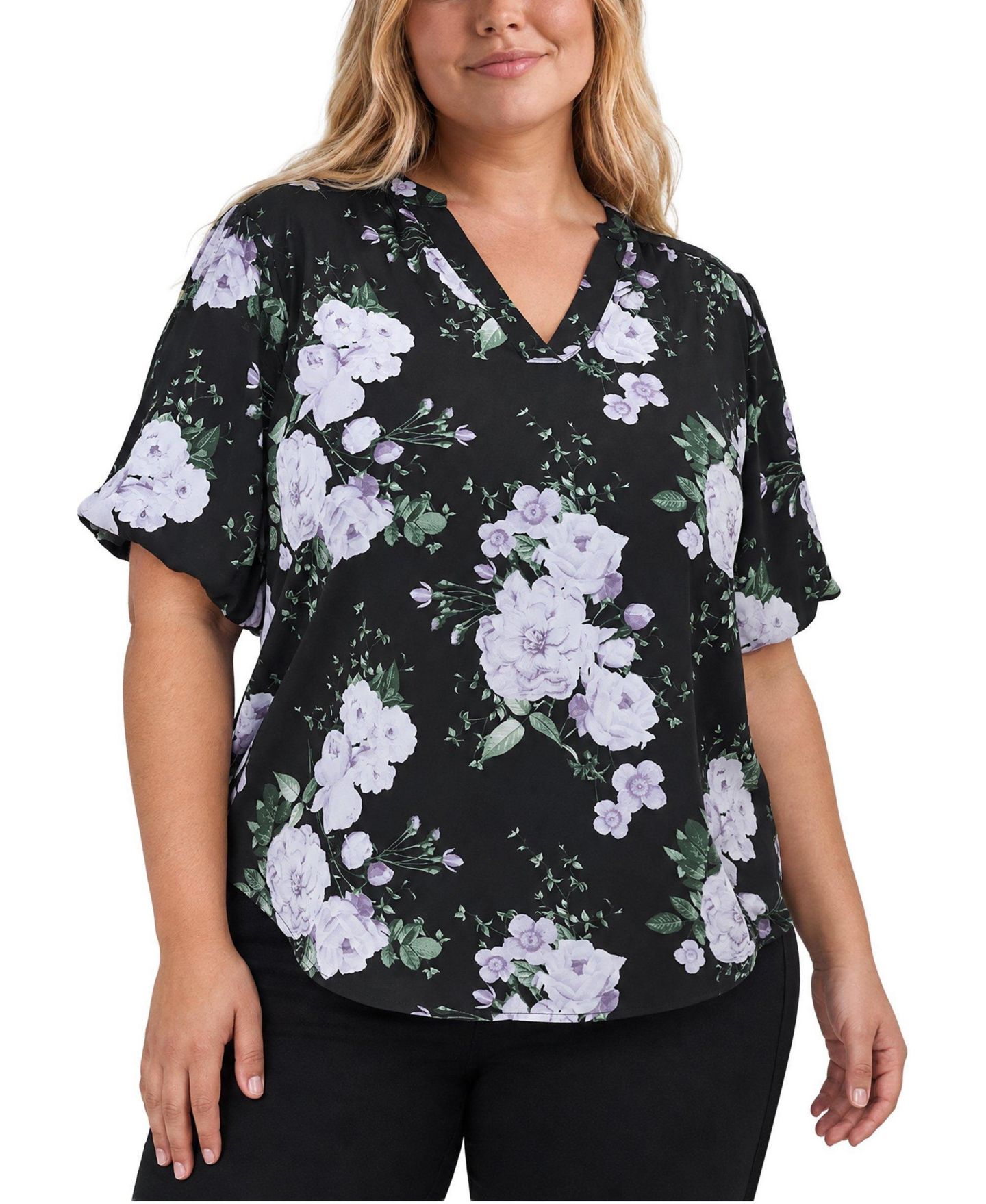 Женская блузка Torrid Plus Size Harper Floral-Print Puff-Sleeve, цвет: С принтом чёрный — фото 1